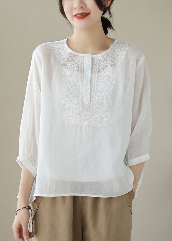 Loose White Embroideried Button Patchwork Cotton Blouse Summer