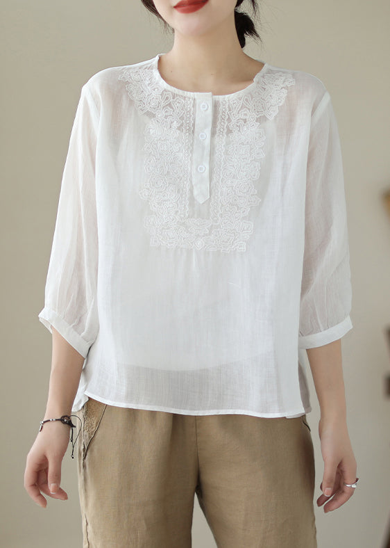 Loose White Embroideried Button Patchwork Cotton Blouse Summer