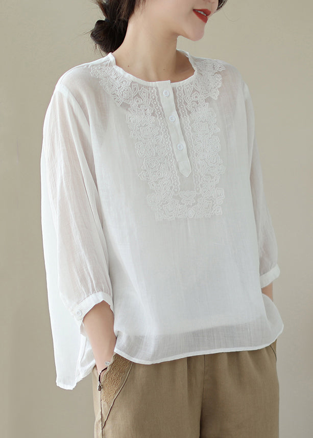 Loose White Embroideried Button Patchwork Cotton Blouse Summer