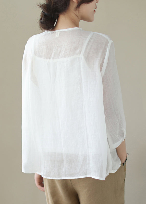 Loose White Embroideried Button Patchwork Cotton Blouse Summer