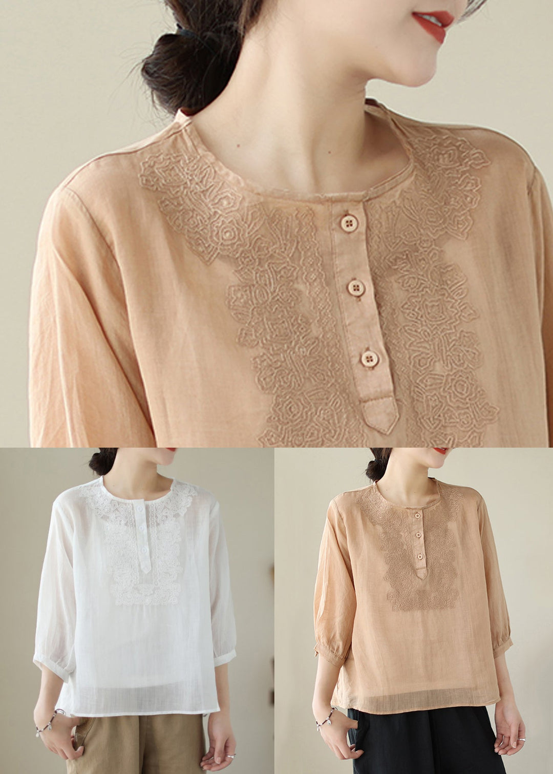 Loose White Embroideried Button Patchwork Cotton Blouse Summer