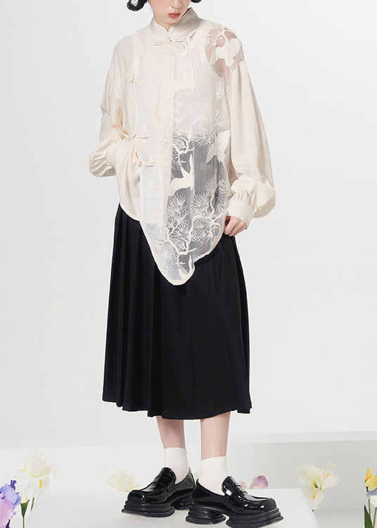 Loose White Embroideried Chinese Button Patchwork Tulle Shirt Top Fall