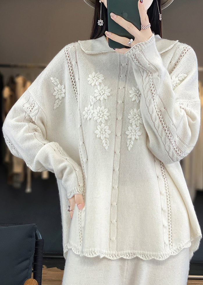 Loose White Hollow Out Patchwork Cozy Wool Sweaters Fall