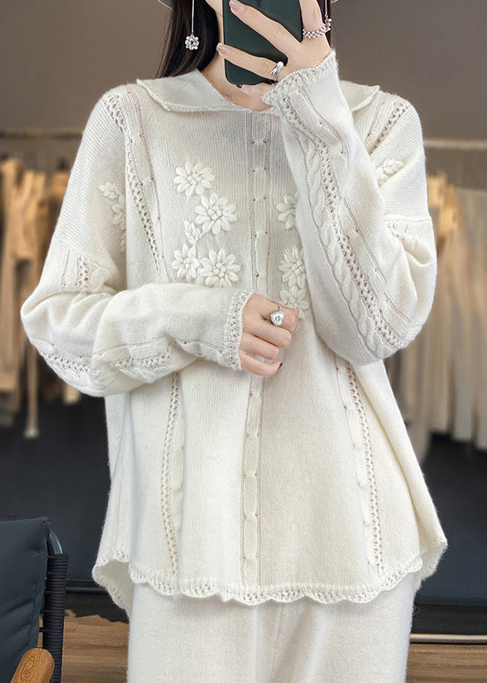 Loose White Hollow Out Patchwork Cozy Wool Sweaters Fall
