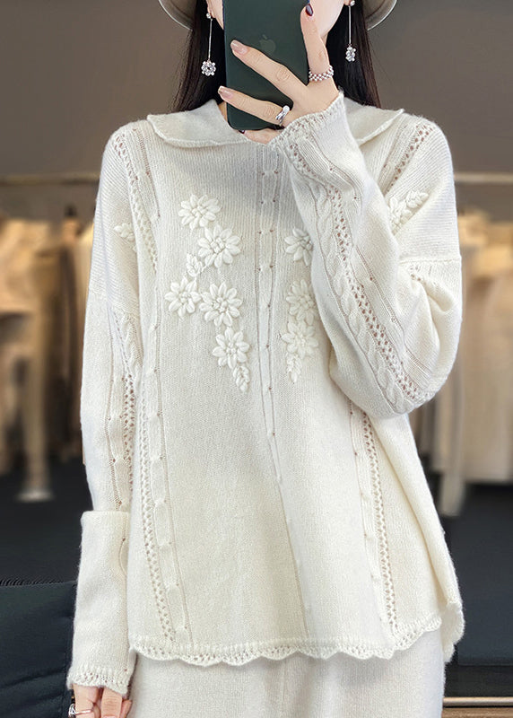 Loose White Hollow Out Patchwork Cozy Wool Sweaters Fall