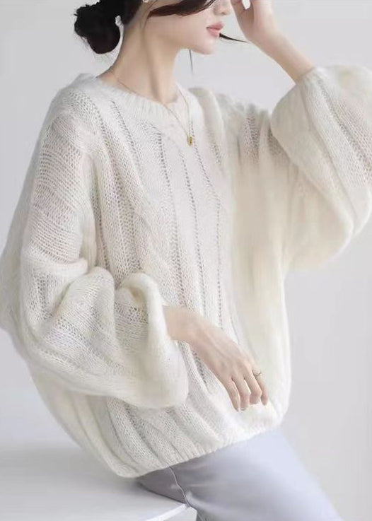 Loose White Hollow Out Patchwork Cozy Woolen Shirt Puff Sleeve