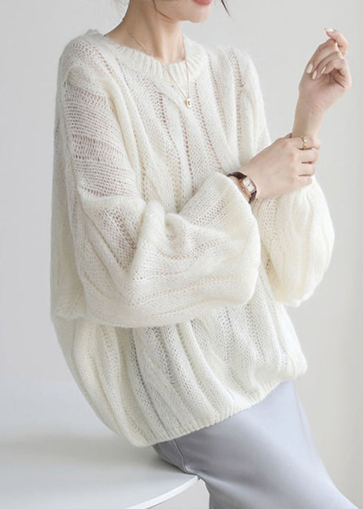 Loose White Hollow Out Patchwork Cozy Woolen Shirt Puff Sleeve