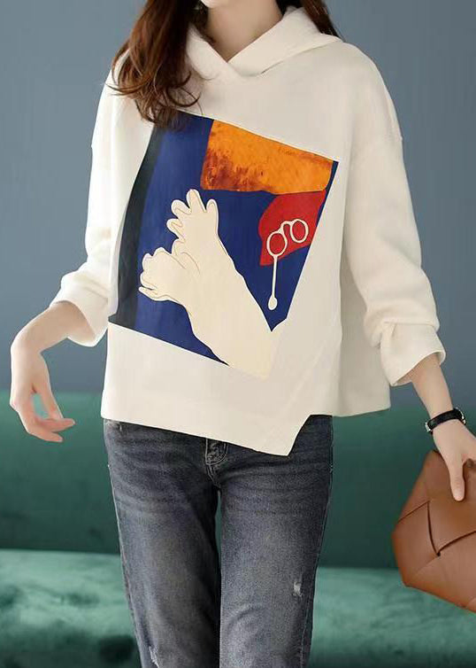 Loose White Hooded Print Patchwork Cotton Sweatshirt Fall
