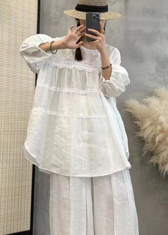 Loose White O Neck Lace Patchwork Linen Tops Lantern Sleeve