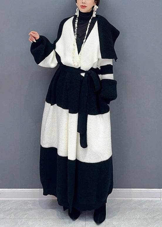 Loose White Tie Waist Pockets Patchwork Cotton Knit Long Trench Coat Fall