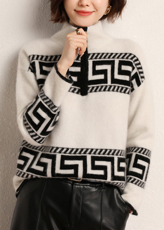 Loose White Turtleneck Print Knit Zippered Cashmere Top Long Sleeve