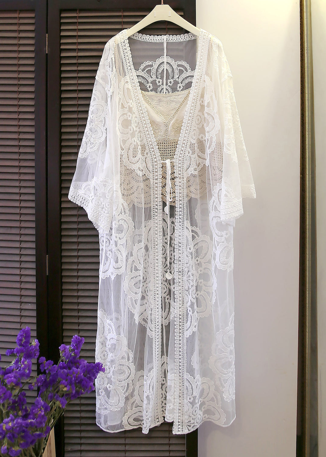 Loose White V Neck Embroideried Floral Tie Waist Lace Cardigan FlareSleeve