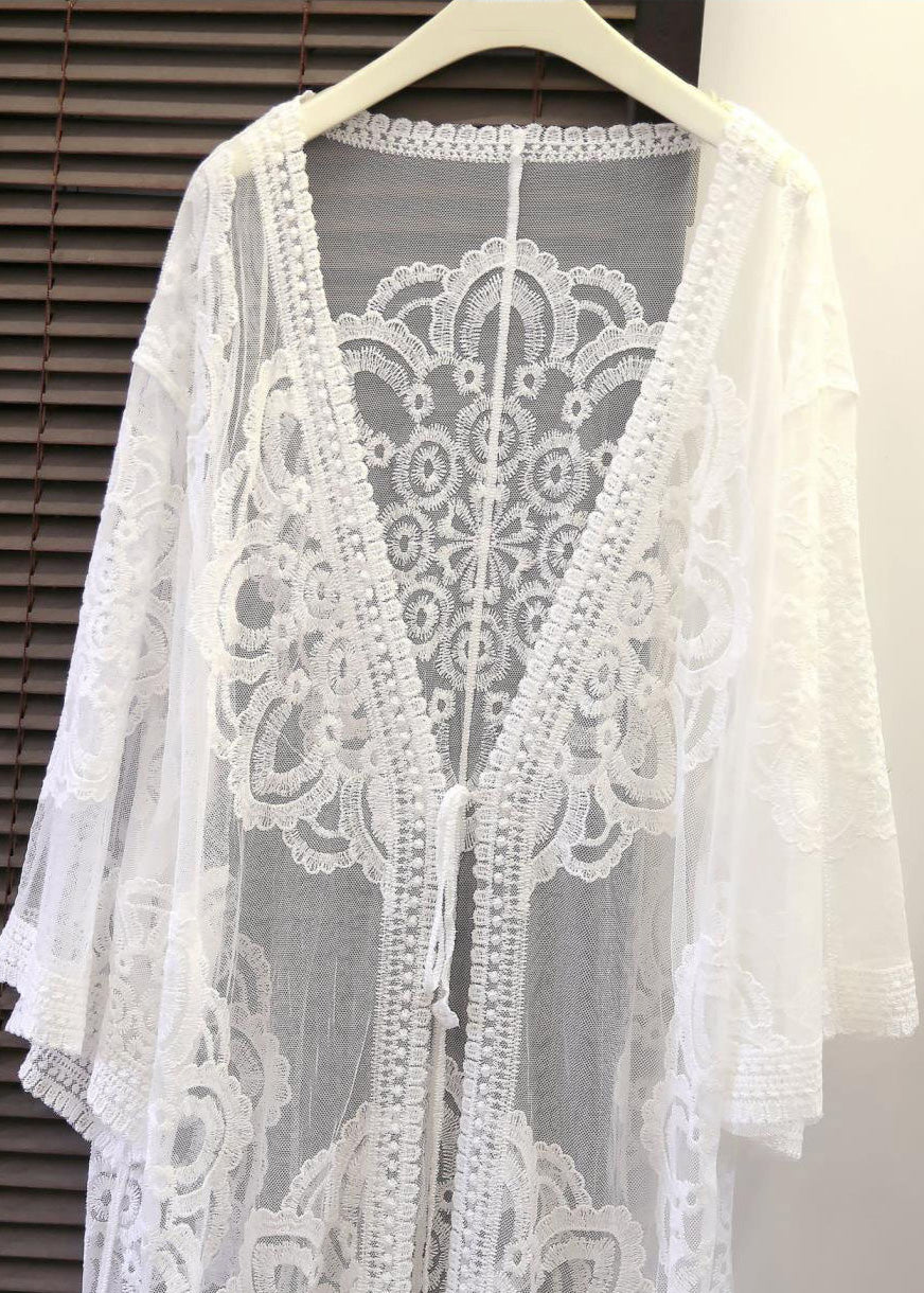 Loose White V Neck Embroideried Floral Tie Waist Lace Cardigan FlareSleeve