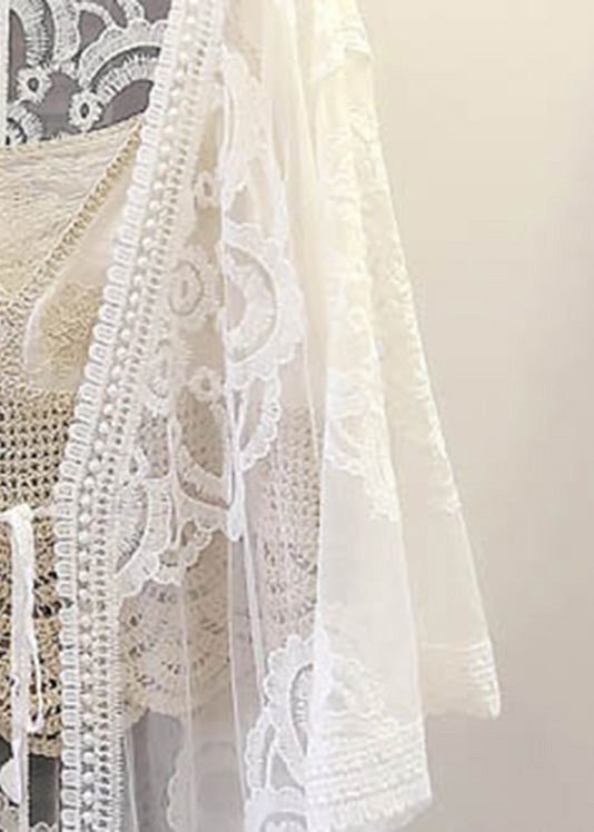 Loose White V Neck Embroideried Floral Tie Waist Lace Cardigan FlareSleeve