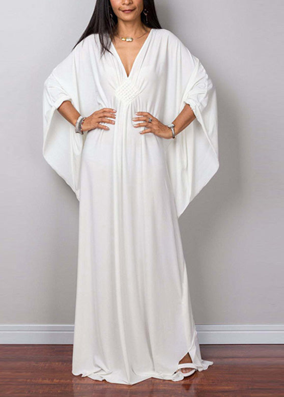 Loose White V Neck Holiday Long Dress Batwing Sleeve