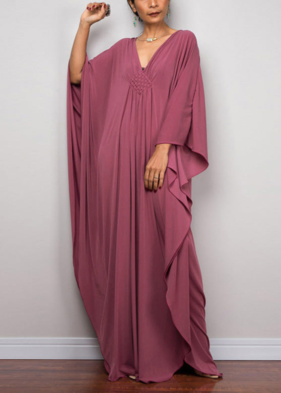 Loose White V Neck Holiday Long Dress Batwing Sleeve