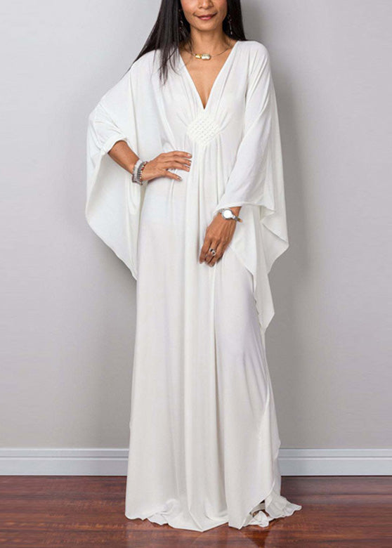 Loose White V Neck Holiday Long Dress Batwing Sleeve
