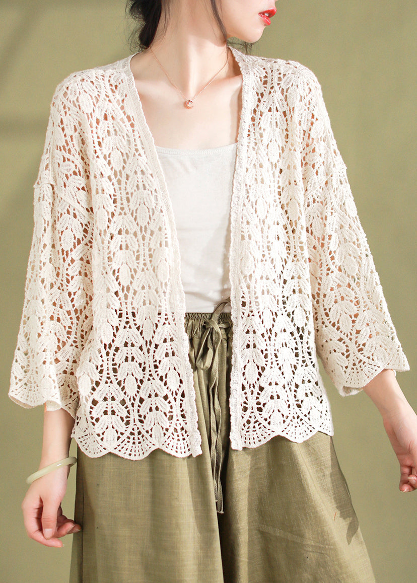 Loose White V Neck Hollow Out Knit Cardigan Summer – Omychic