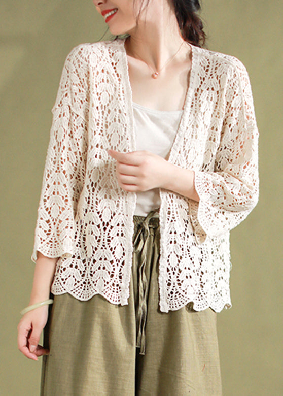 Loose White V Neck Hollow Out Knit Cardigan Summer - Omychic
