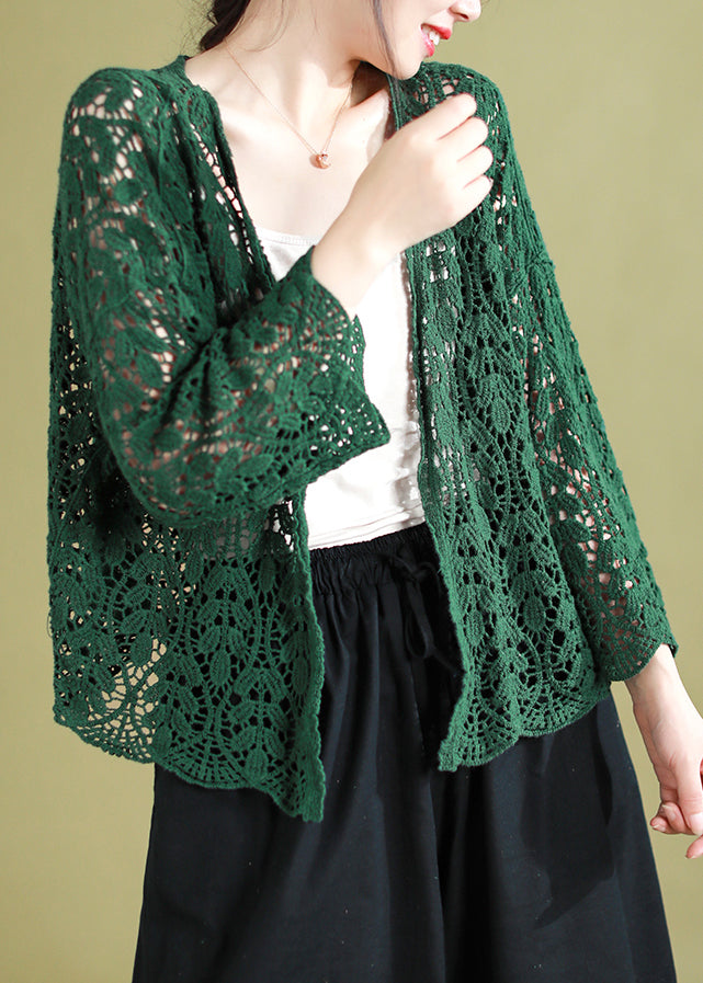 Loose White V Neck Hollow Out Knit Cardigan Summer - Omychic