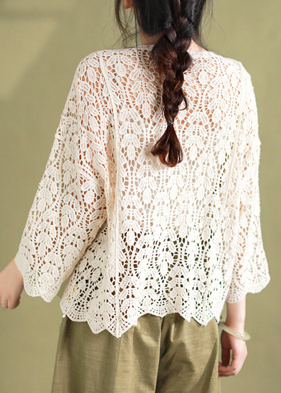 Loose White V Neck Hollow Out Knit Cardigan Summer - Omychic