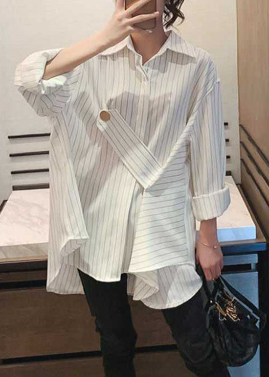 Loose White low high design Asymmetrical Striped shirt Top Spring