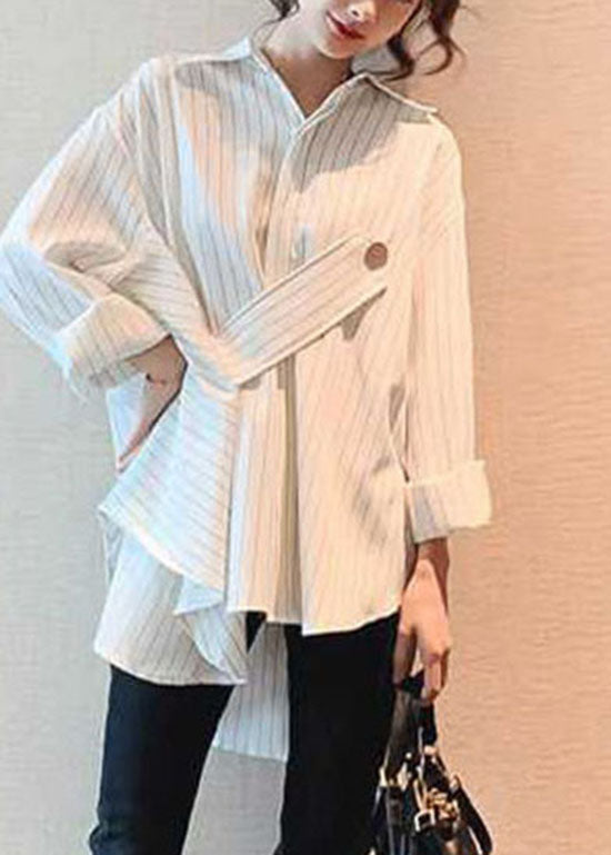 Loose White low high design Asymmetrical Striped shirt Top Spring