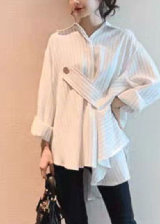 Loose White low high design Asymmetrical Striped shirt Top Spring