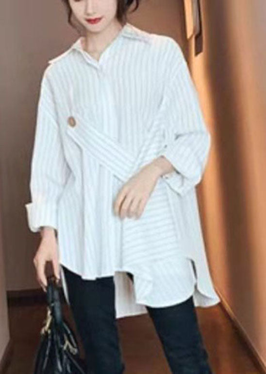 Loose White low high design Asymmetrical Striped shirt Top Spring