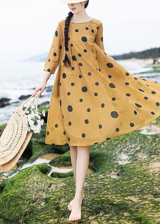 Loose Yellow Dot Half Sleeve Party Summer Chiffon Dress - Omychic