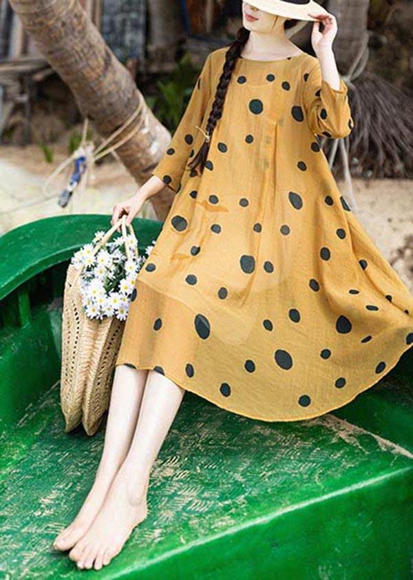 Loose Yellow Dot Half Sleeve Party Summer Chiffon Dress - Omychic