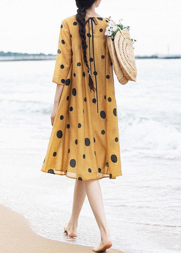 Loose Yellow Dot Half Sleeve Party Summer Chiffon Dress - Omychic