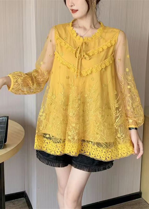 Loose Yellow Embroidered Lace Up Patchwork Lace Top Spring