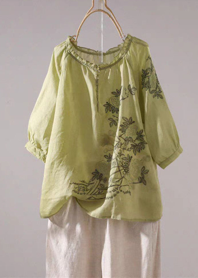 Loose Yellow Embroidered Ruffled Linen T Shirt Half Sleeve