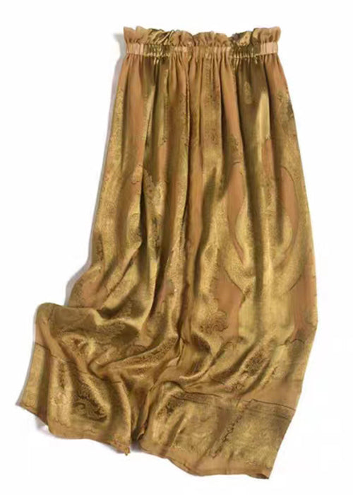 Loose Yellow Embroideried Elastic Waist Silk Skirt Fall