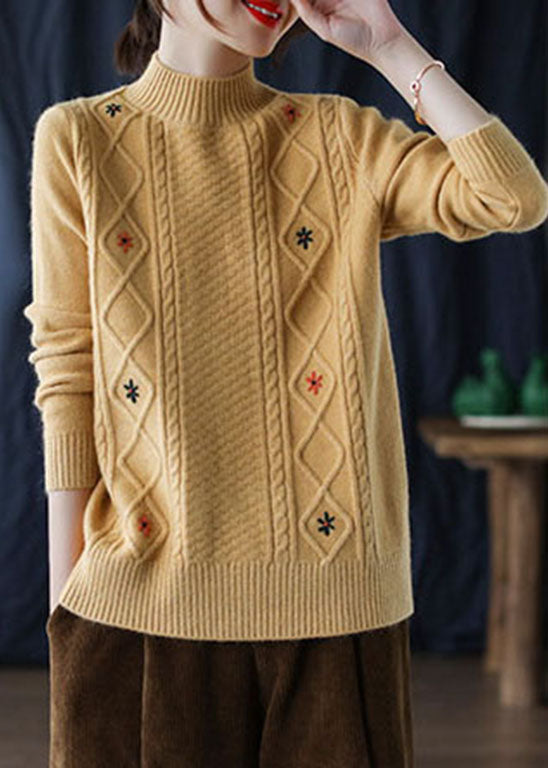 Loose Yellow Embroideried Floral Knit Sweaters Winter