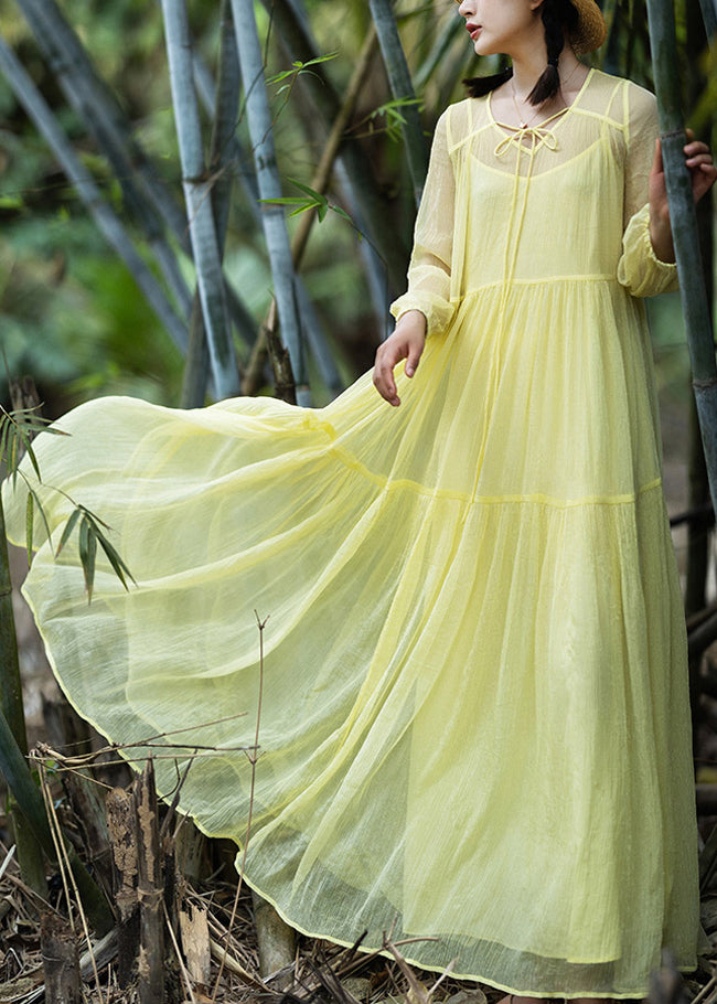 Loose Yellow Neck Tie Patchwork Chiffon Maxi Dress Spring