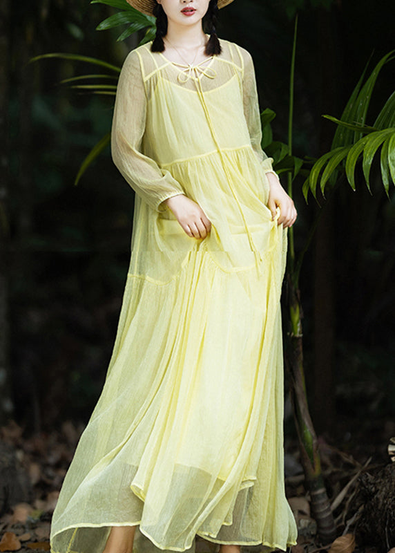 Loose Yellow Neck Tie Patchwork Chiffon Maxi Dress Spring