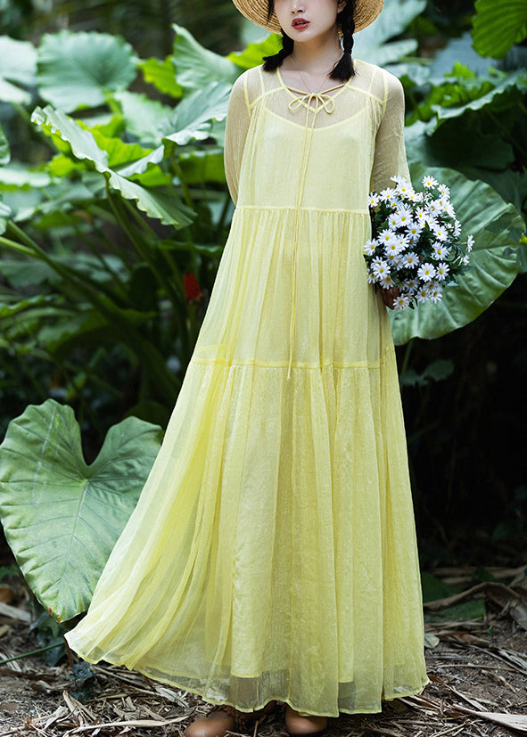 Loose Yellow Neck Tie Patchwork Chiffon Maxi Dress Spring