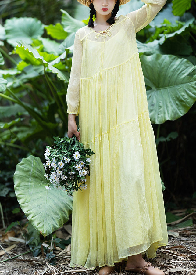 Loose Yellow Neck Tie Patchwork Chiffon Maxi Dress Spring