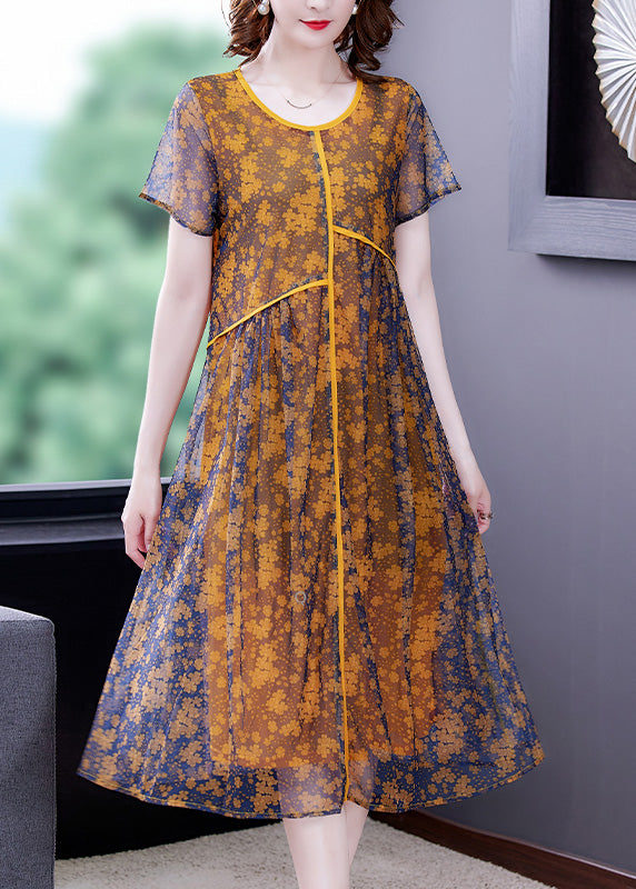 Loose Yellow O-Neck Patchwork Print Tulle Maxi Dresses Short Sleeve