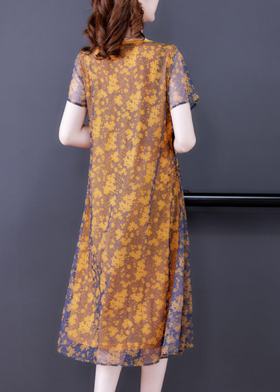Loose Yellow O-Neck Patchwork Print Tulle Maxi Dresses Short Sleeve