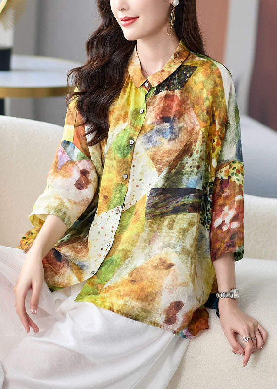 Loose Yellow Peter Pan Collar Button Print Linen Blouses Tops Summer