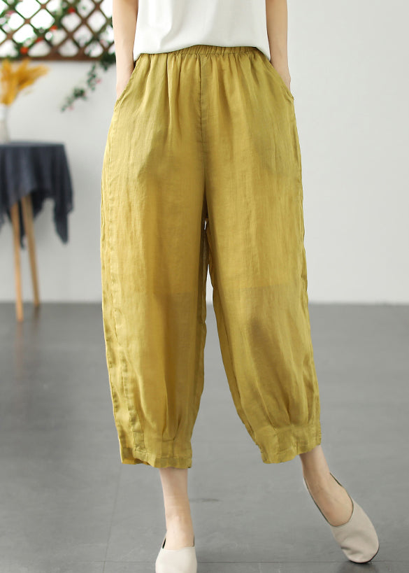 Loose Yellow Pockets Elastic Waist Linen Crop Pants Summer