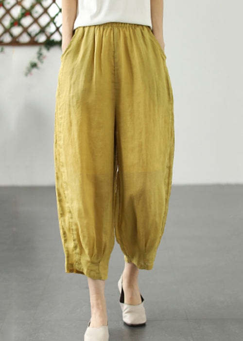 Loose Yellow Pockets Elastic Waist Linen Crop Pants Summer