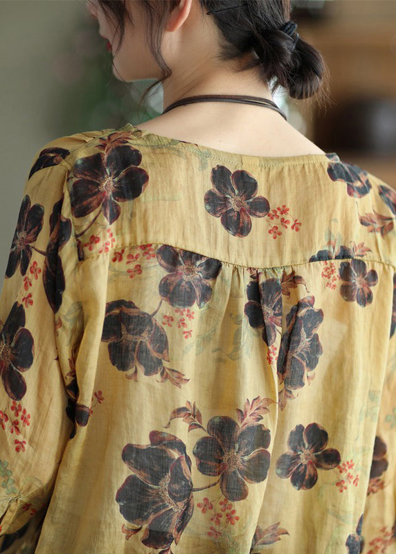 Loose Yellow Print Button Patchwork Cotton T Shirt Top Summer