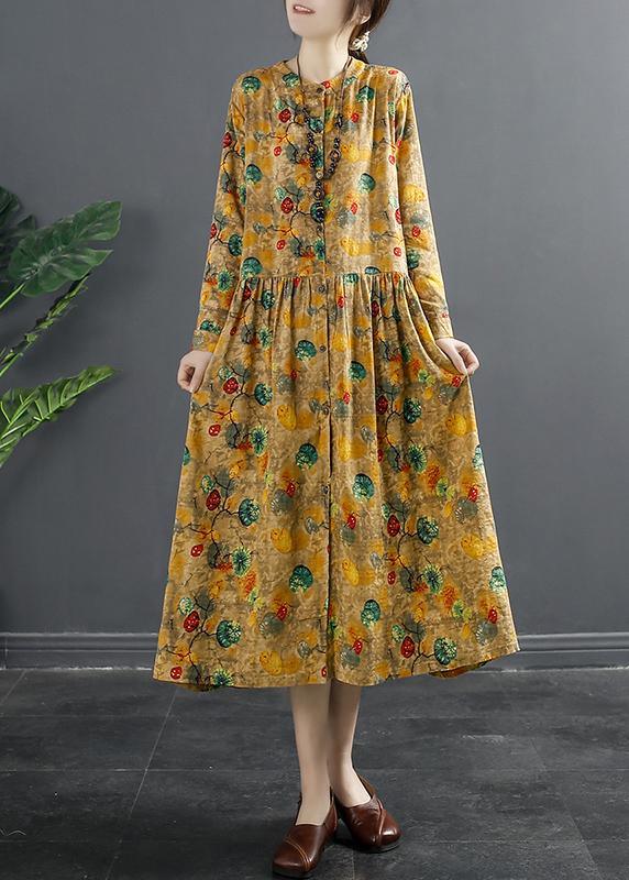 Loose Yellow Print Clothes For Women Pockets Baggy Spring Dresses - Omychic