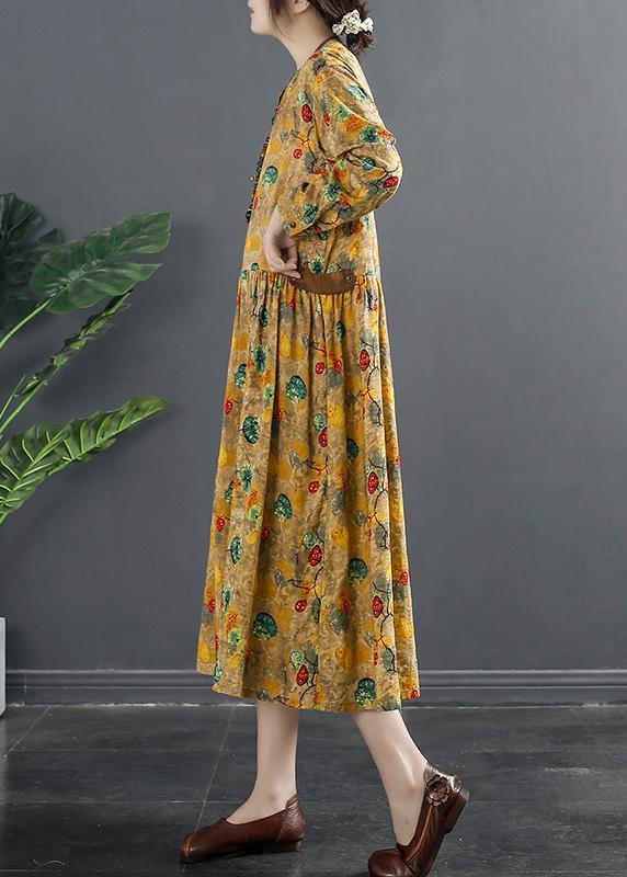 Loose Yellow Print Clothes For Women Pockets Baggy Spring Dresses - Omychic
