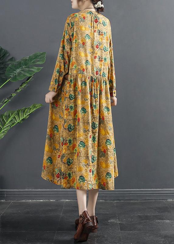 Loose Yellow Print Clothes For Women Pockets Baggy Spring Dresses - Omychic