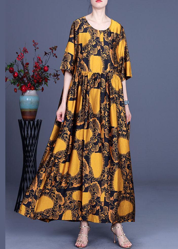 Loose Yellow Print Silk Loose Ankle Dress Summer - Omychic